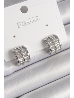 Arthurs Pirinç Gümüş Renk Çift Sıra Zirkon Taşlı Kadın Küpe