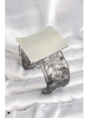 Arthurs Siyah Mermer Desen Akrilik Plastik Gümüş Kare Plaka Model Vintage Kadın Bilezik