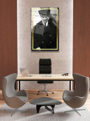 Petmudo AVM Mustafa Kemal Atatürk Cam Tablo, Siyah Beyaz, Ev, Ofis ve Okul Duvar Dekoru, Hediyelik, Büyük Tablo