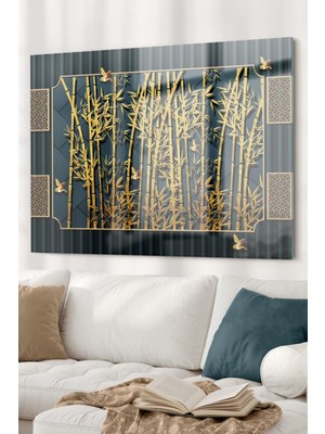 Petmudo AVM Gold Detaylı Ağaç Dalları ve Kuş | Doğa Temalı Cam Tablo | 50X70 cm