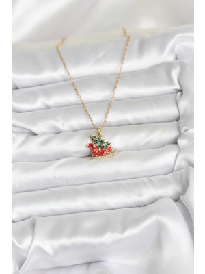 Arthurs 316L Çelik Zincir Gold Renk Kızak ve Çam Ağacı Figürlü Yılbaşı Temalı Kadın Kolye