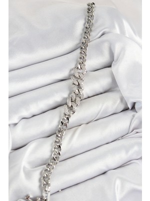 Arthurs Pirinç Zirkon Taşlı Küba Zincir Model Gümüş Renk Kadın Bileklik