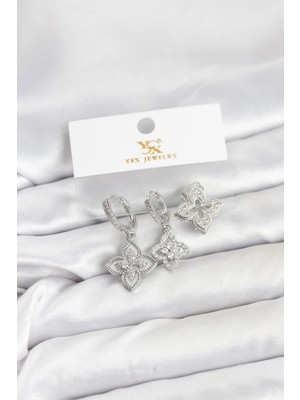 Arthurs Pirinç Gümüş Renk Yonca Model Ysx Trio Küpe Seti