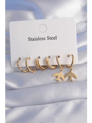 Arthurs 316L Çelik Gold Renk Oval Tasarım Kuş Model Küpe Seti