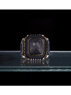 Yıldırım 925 Ayar Gümüş Siyah Doğal Taşlı Bakır Ton Detaylı Klasik Desenli Erkek Yüzük