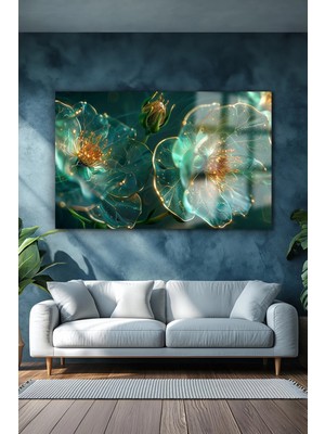 Petmudo AVM Yeşil Gold Detaylı Yatay Çiçek Kırılmaz Lüks Cam Tablo Of Iş Yeri Ev Hediyesi Cam Tablo
