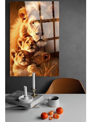Petmudo AVM Aslan ve Çocukları Aslan Ailesi Cam Tablo, Ev ve Ofis Hediyesi Yüksek Çözünürlüklü 4mm Cam Tablo