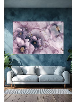 Petmudo AVM Parıldayan Gold Detaylı Mor Çiçekler Yatay Cam Tablo Kırılmaz Lüks Cam Tablo Ev Hediyesi