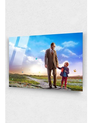 Petmudo AVM Mustafa Kemal Atatürk Çocukla Cam Tablo 23 Nisan Çocuk Bayramı Tablo Okul Dekor Ofis Dekor