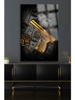 Petmudo AVM Dolar ve Altın Silah Tasarımı Mafia Tablosu Ev Hediyesi Kırılmaz Lüks Modern Cam Tablo