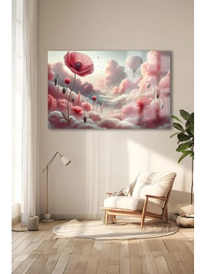 Petmudo AVM Pembe Çiçekler ve Bulutlarla Kaplı Bir Dünya Çalışması Kırılmaz Cam Tablo Ev Hediyesi Tablo