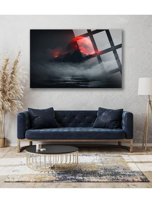 Petmudo AVM Dağlardaki Harika Kırmızı Ay Manzarası 4mm Lüks Kırılmaz Temperli Yüksek Çözünürlüklü Cam Tablo
