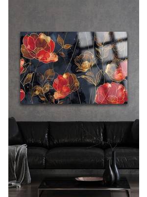 Petmudo AVM Gold Detaylı Kırmızı Renk Çiçek Ultra Yüksek Çözünürlük Kare Cam Tablo Ev Hediyesi Tablo