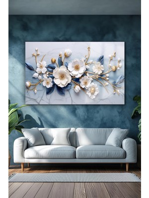 Petmudo AVM Mermer Üzerinde Beyaz Mavi Yapraklı Çiçek Lüks Kırılmaz Cam Tablo Ev Hediyesi Tablo