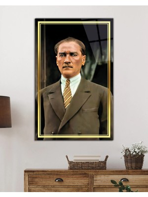 Petmudo AVM Gold Şeritli Mustafa Kemal Atatürk Portresi Cam Tablo, Darbelere Dayanıklı Kırılmaz Temperli