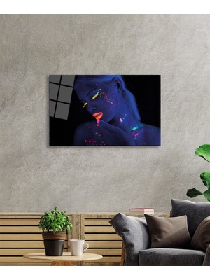 Petmudo AVM Rengarenk Parıltılı Mavi Kadın Portresi Cam Tablo, Darbelere Dayanıklı Kırılmaz Temperli