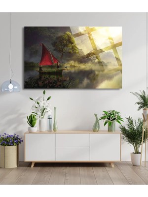 Petmudo AVM Nehirde Giden Tekne Manzarası 4mm Lüks Kırılmaz Temperli Yüksek Çözünürlüklü Cam Tablo