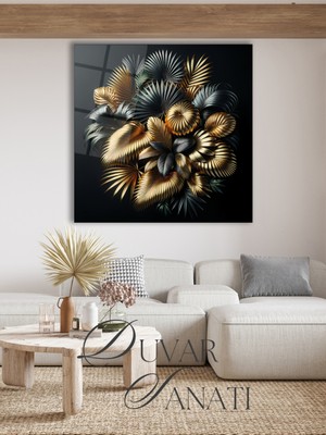 Petmudo AVM Soyut Yapraklar Modern Kare Cam Tablo Ev Ofis Salon Hediyelik Büyük Tablo Dekor