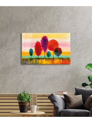 Petmudo AVM Rengarenk Boyalı Renkli Ağaçlar Cam Tablo