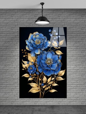Petmudo AVM Mavi ve Altın Renkli Çiçek Cam Tablo