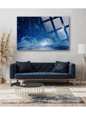 Petmudo AVM Gökyüzünü Aydınlatan Yarım Ay 4mm Lüks Kırılmaz Temperli Yüksek Çözünürlüklü Cam Tablo