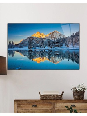 Petmudo AVM Karlı Ağaçlar ve Dağ Yansıması Doğa Manzarası Cam Tablo, Darbelere Dayanıklı Kırılmaz Temperli