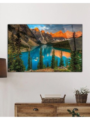 Petmudo AVM Yeşil Ağaçlar Dağ Göl Yansıması Doğa Manzarası Cam Tablo, Darbelere Dayanıklı Kırılmaz Temperli