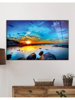 Petmudo AVM Gün Batımı, Deniz, Kaya, Doğa Manzarası Cam Tablo, Darbelere Dayanıklı Kırılmaz Temperli