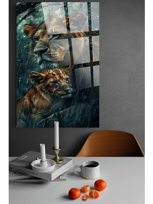 Petmudo AVM Aslan ve Yavrusu Aslan Ailesi Cam Tablo, Ev ve Ofis Hediyesi Yüksek Çözünürlüklü 4mm Cam Tablo