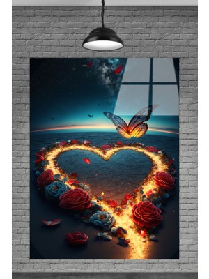 Petmudo AVM Yanan Kalp Içinde Güller ve Kuşlar Cam Tablo