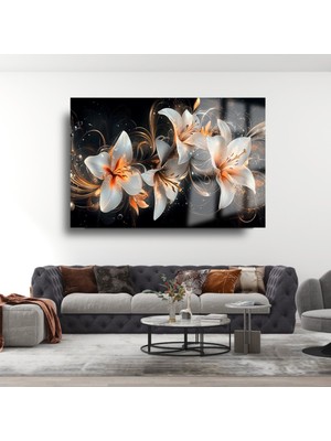 Petmudo AVM Işıklar Içinde Altın Tozlu Çiçekler Lüks Kırılmaz Cam Tablo Ev Hediyesi Tablo