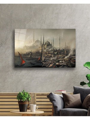 Petmudo AVM Istanbul Sulu Boya Boğaz Şehir Manzarası Cam Tablo, Darbelere Dayanıklı Kırılmaz Temperli