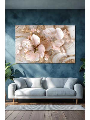 Petmudo AVM Gold Detalı Beyaz Altın Çiçekler Yatay Cam Tablo Kırılmaz Lüks Cam Tablo Ev Hediyesi