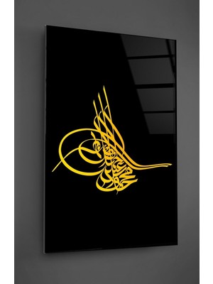 Petmudo AVM Siyah Zemin Üzeri Osmanlı Tuğrası Dikey Cam Tablo