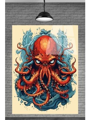 Petmudo AVM Mavi ve Kırmızı 3D Ahtapot Cam Tablosu
