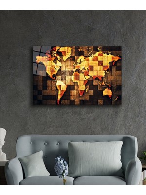 Petmudo AVM Ahşap Desenli Soyut Dünya Haritası Cam Tablo, Darbelere Dayanıklı Kırılmaz Temperli