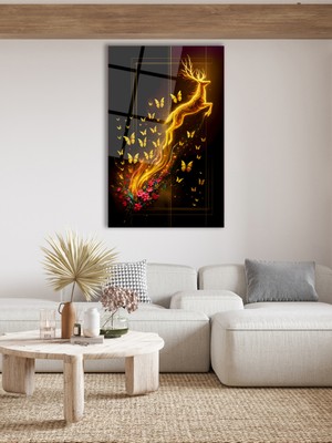 Petmudo AVM Soyut Geyik ve Kelebekler Dikey Cam Tablo, Modern Ev Ofis Salon Duvar Dekoru, Hediyelik Büyük Tablo