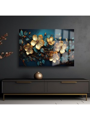 Petmudo AVM Solmuş Harika Gold Çiçekler Yatay Cam Tablo Kırılmaz Lüks Cam Tablo Ev Hediyesi