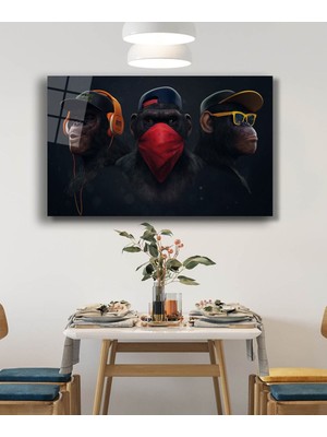 Petmudo AVM Üç Maymunlar Soyut Cam Tablo, Darbelere Dayanıklı Kırılmaz Temperli