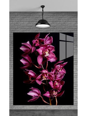 Petmudo AVM Muhteşem Siyah Zemine Mor Çiçekler Temperli Cam Üzerine Tablo Sevgilinize Yılbaşı