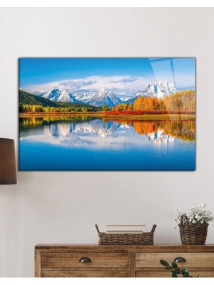 Petmudo AVM Sonbahar Ağaçlar Dağ Göl Yansıması Doğa Manzarası Cam Tablo, Temperli Rodajlı Dayanıklı Kırılmaz Cam