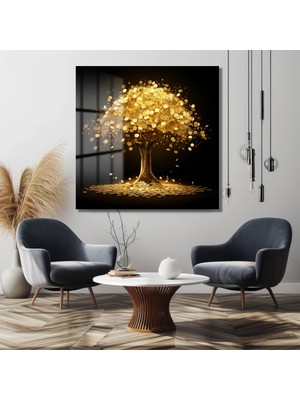 Petmudo AVM Gold Ağaç Ultra Yüksek Çözünürlük Kare Cam Tablo Ev Iş Yeri Ofis Hediyesi Soyut Tasarım Tablo