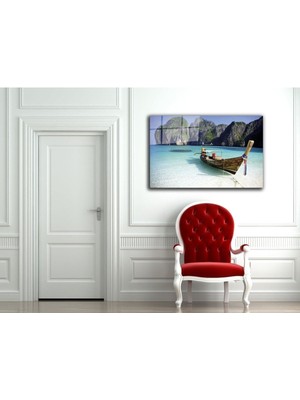 Petmudo AVM Deniz, Kaya, Kayık ve Doğa Manzarası Cam Tablo, Temperli ve Rodajlı Dayanıklı  Cam