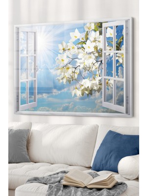 Petmudo AVM Pencere ve Beyaz Çiçekler | Manzara Temalı Cam Tablo | 50X70 cm