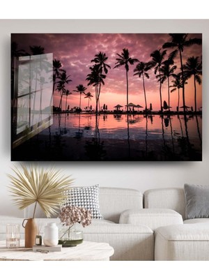 Petmudo AVM Doğa Gün Batımı Palmiye Ağaçları Cam Tablo, Doğa Tablo, Duvar Dekor, Büyük Tablo, Cam Duvar Tablo