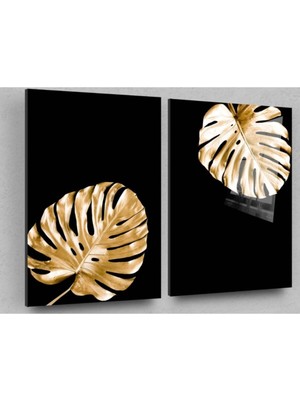 Petmudo AVM Altın Yapraklar 2li Siyah Cam Tablo,soyut Tablo,modern Tablo,duvar Dekor,büyük Tablo,cam Duvar Tablo