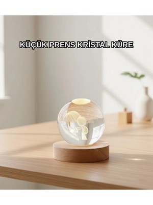 Dekofon LED Aydınlatmalı 3D Küçük Prens Kristal Küre Ahşap Standlı Masa Gece Lambası