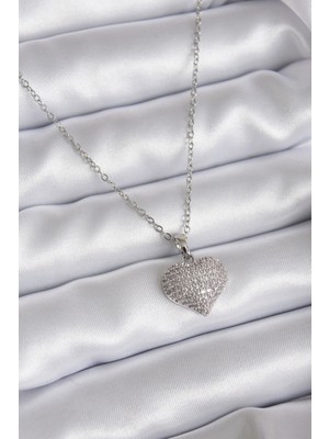 Dekofon 316L Çelik Zincir Gümüş Renk Zirkon Taş Detay Kalp Model Kadın Kolye