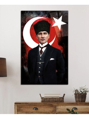 Petmudo AVM Türk Bayrağı ve Mustafa Kemal Atatürk Portresi Cam Tablo, Temperli ve Rodajlı Dayanıklı  Cam