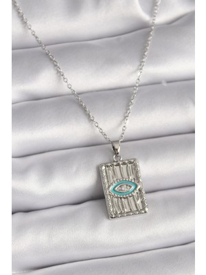 BYZM 316L Çelik Gümüş Renk Zincir Göz Işlemeli Madalyon Model Kadın Kolye